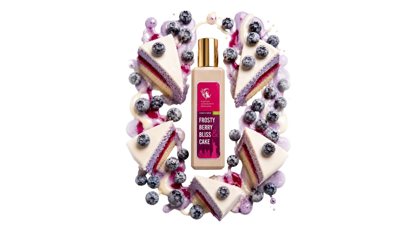 Frosty Berry & Bliss Cake bottle framed by slices of layered berry cake and dark berries on white