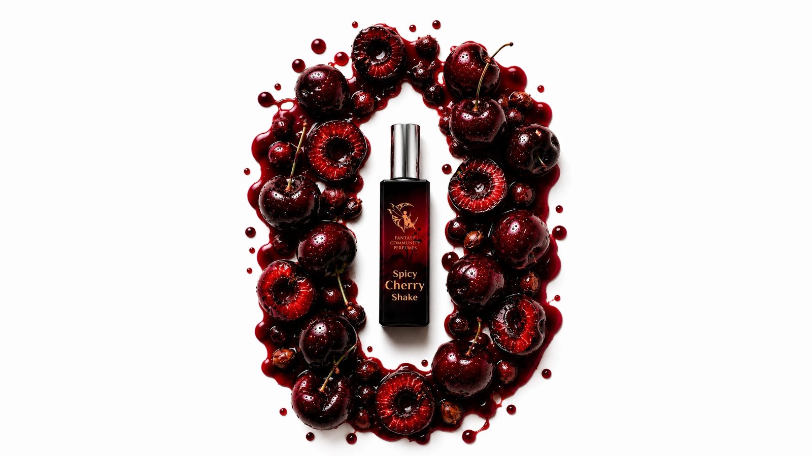 Spicy Cherry Shake bottle framed by a ring of glossy dark cherries and cherry syrup on white