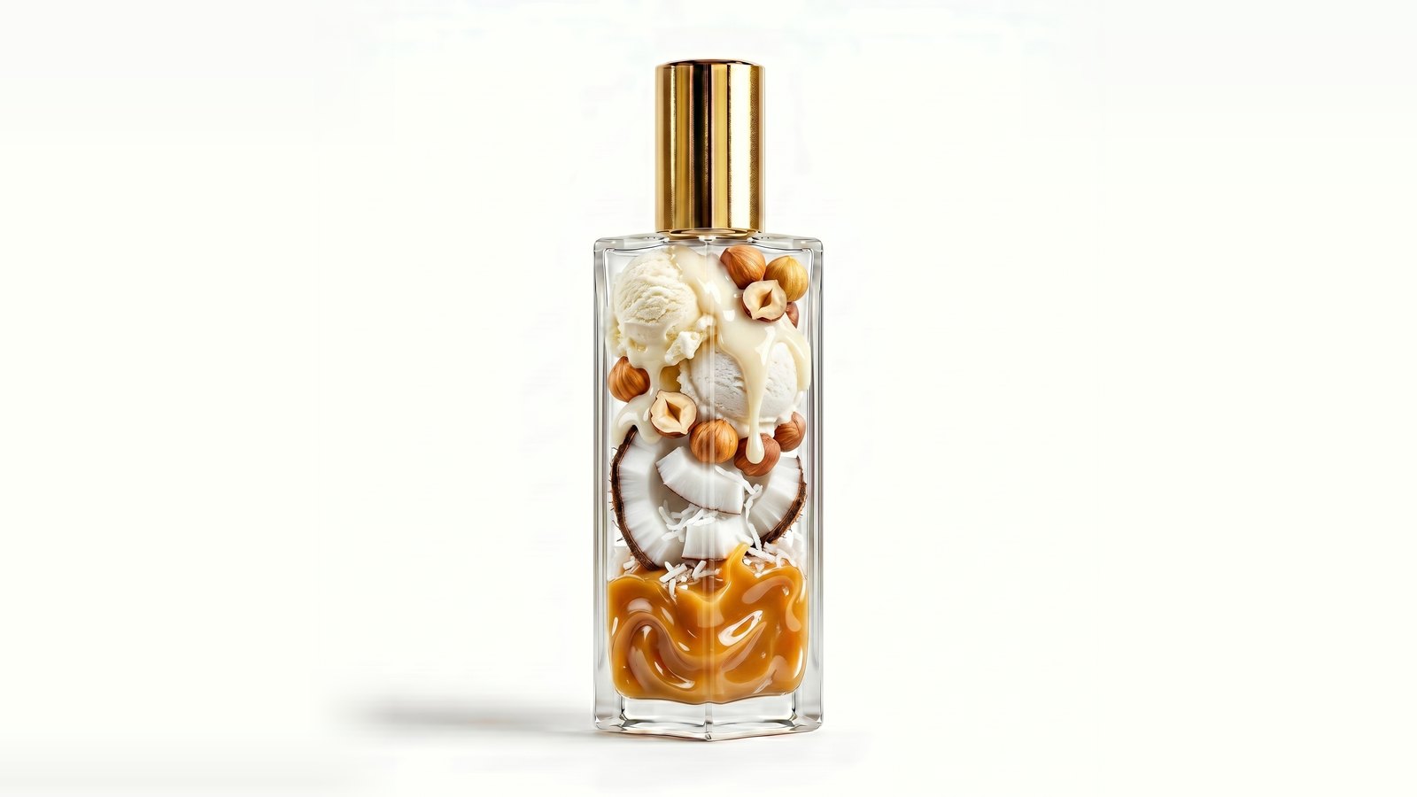 Glass perfume bottle filled with coconut halves, hazelnuts, vanilla ice cream and caramel on a white background