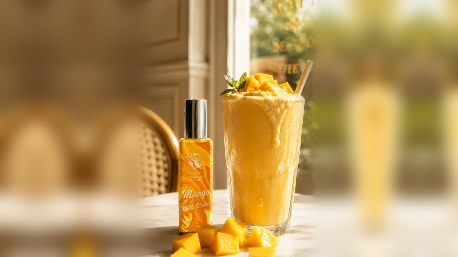 Mango Milk Shake bottle next to a tall mango milkshake with fresh mango cubes on a cafe table
