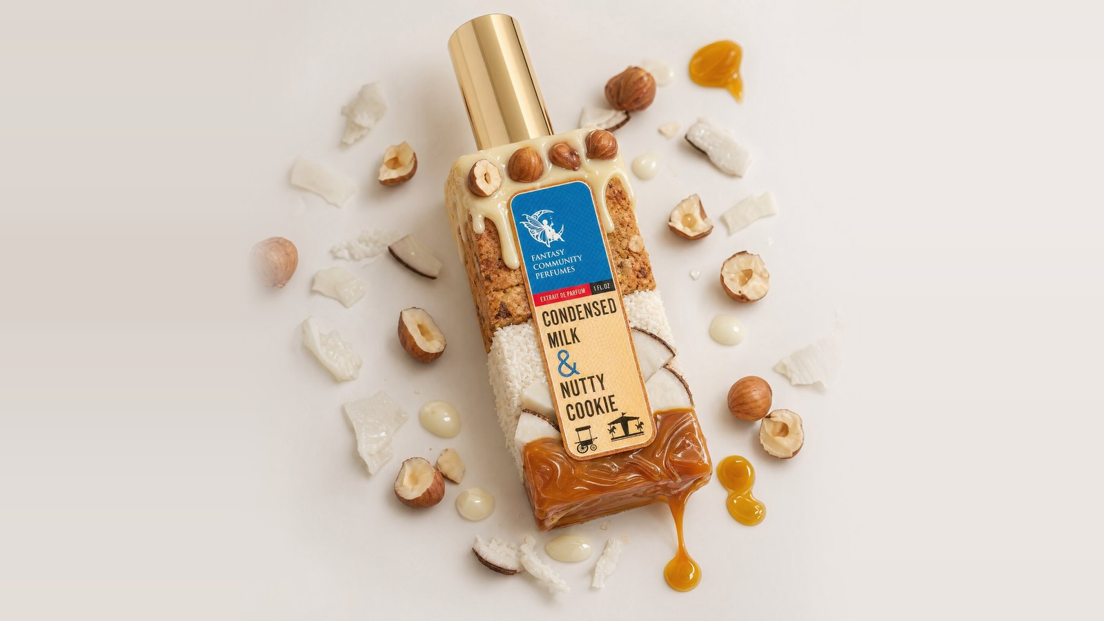 Condensed Milk & Nutty Cookie bottle wrapped in cookie, coconut and caramel with hazelnuts on a cream background