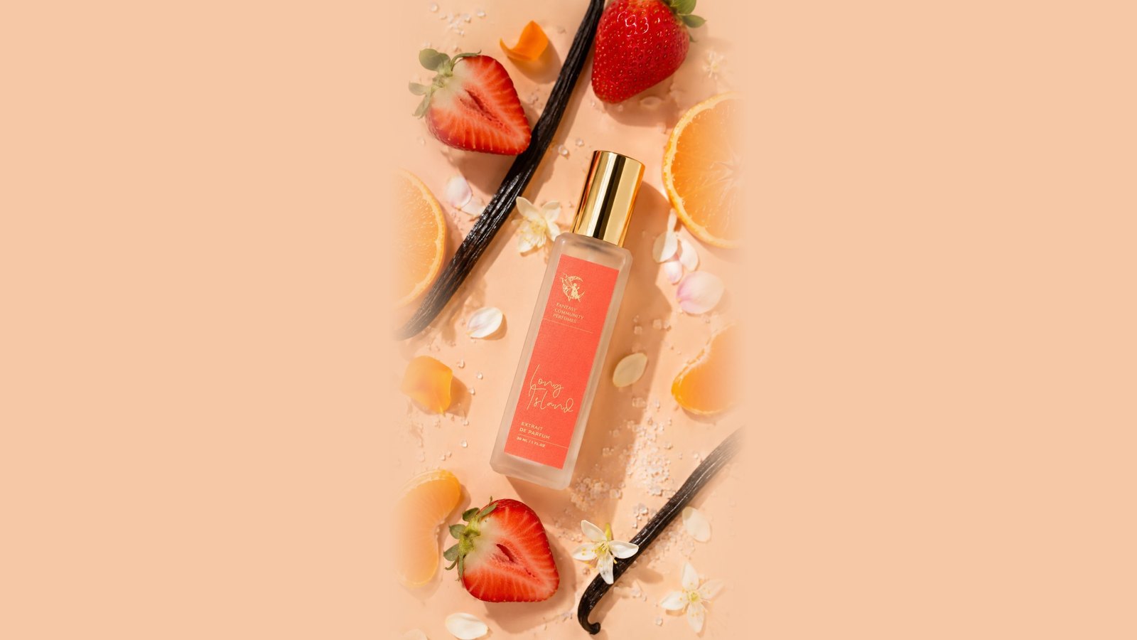 Long Island bottle with fresh strawberries, orange slices and vanilla pods on a peach background
