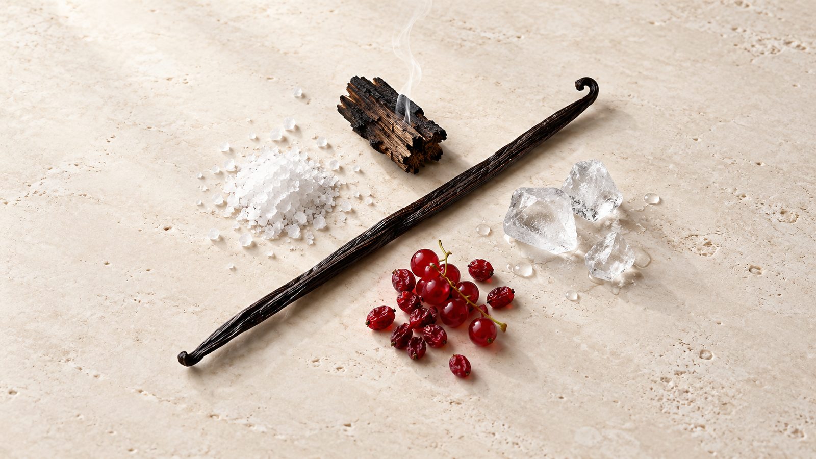 A vanilla bean surrounded by sea salt, smoking charred wood, clear ice and red currants on travertine