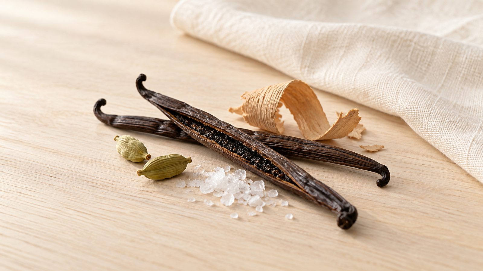Split vanilla pods with green cardamom, sea salt flakes and a pale wood shaving on light oak