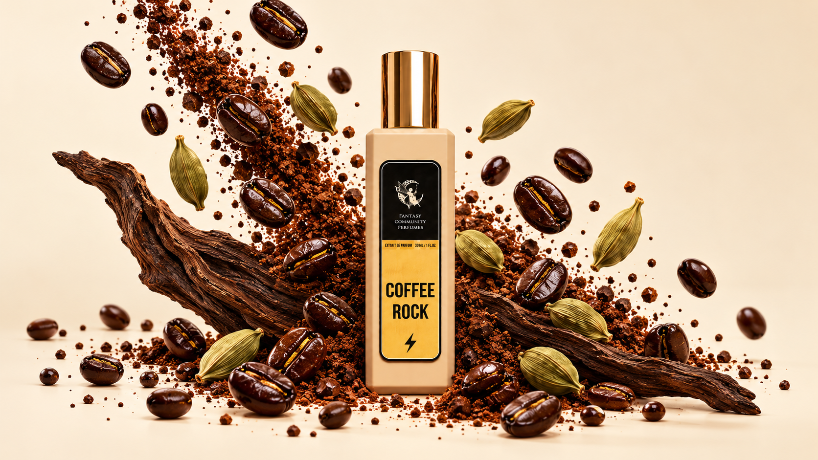Editorial illustration of Coffee Rock with coffee, cardamom and dry wood