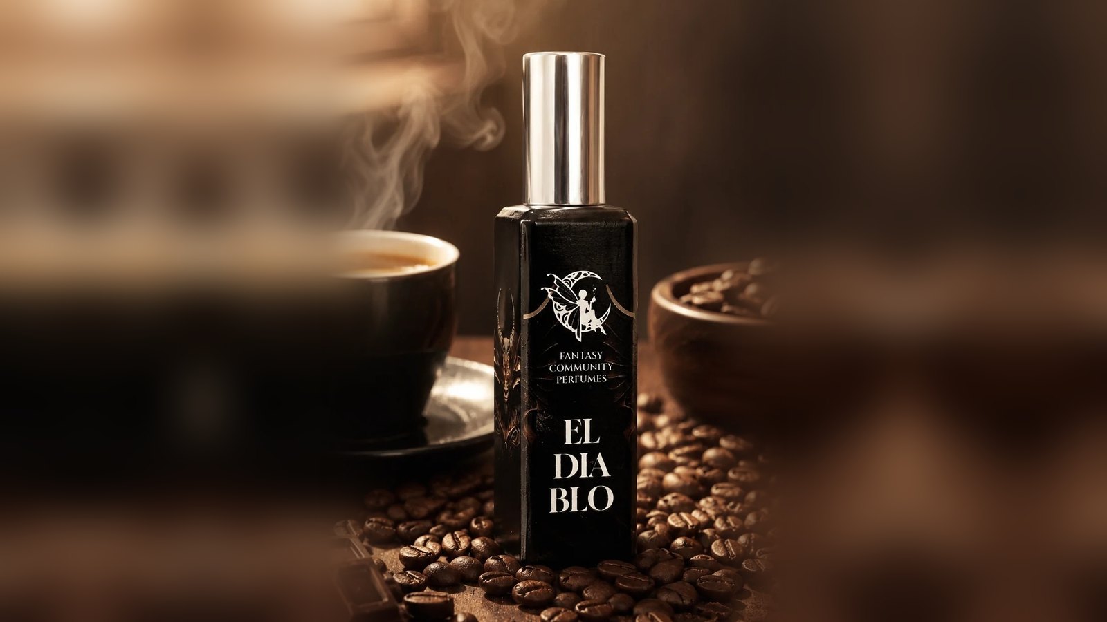 El Diablo bottle on coffee beans beside a steaming cup of coffee in warm low light