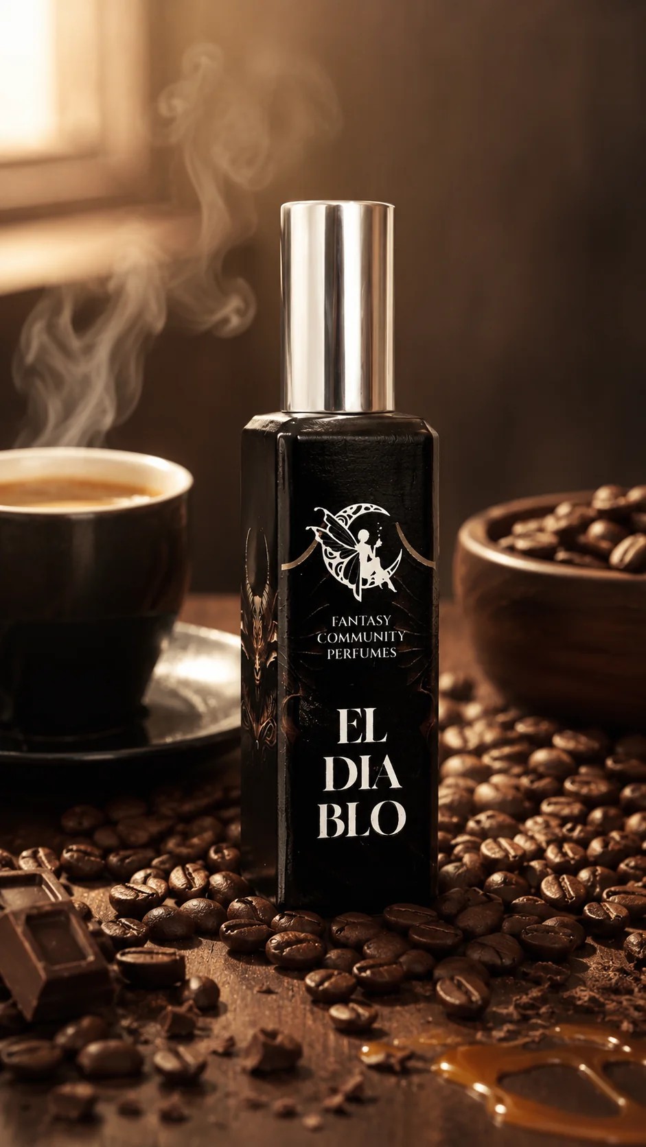 El Diablo Extrait de Parfum bottle in hand — compact 30 ml dark gourmand fragrance
