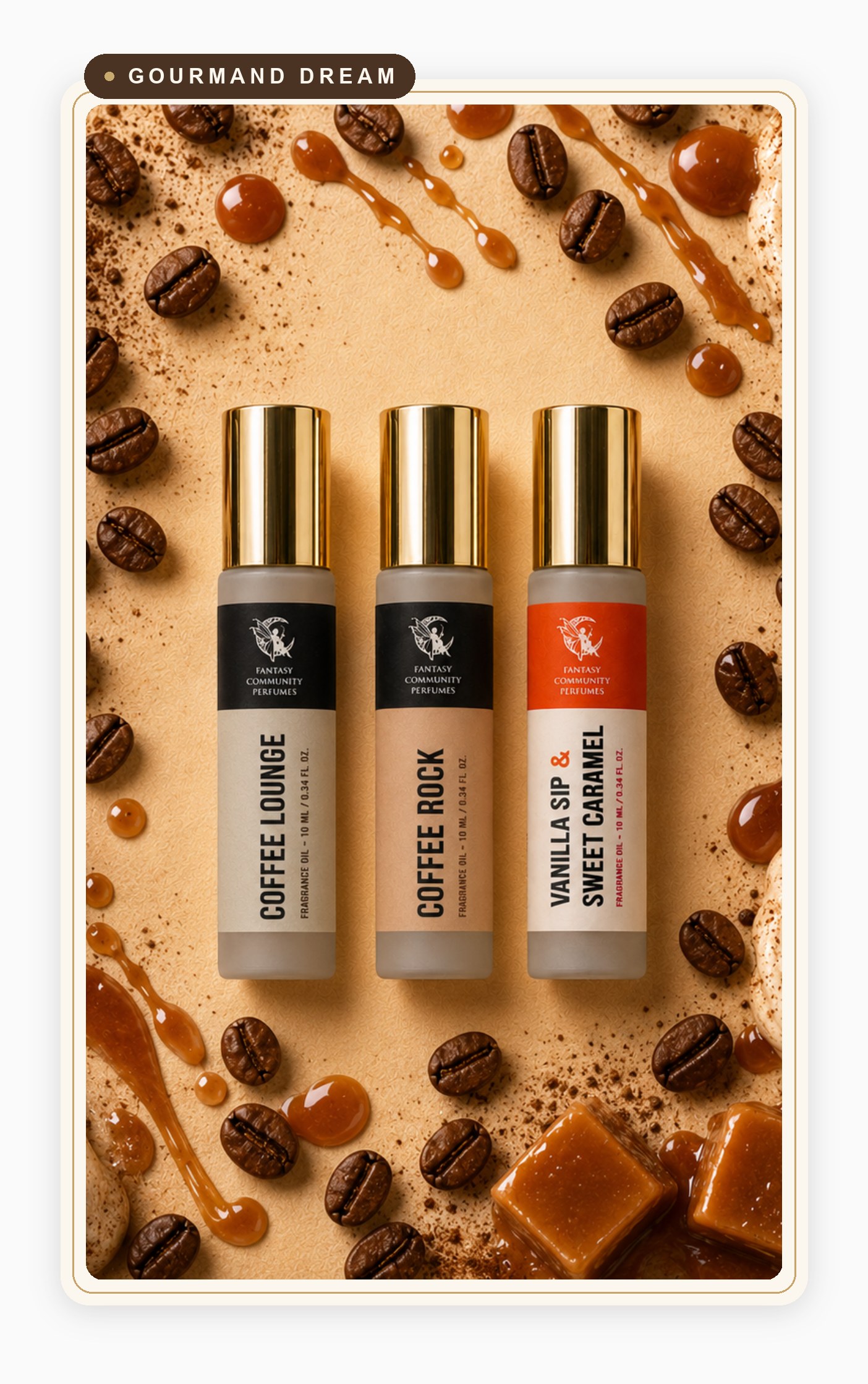 Coffee Addict Set â€” three FCP coffee-gourmand oil rollers